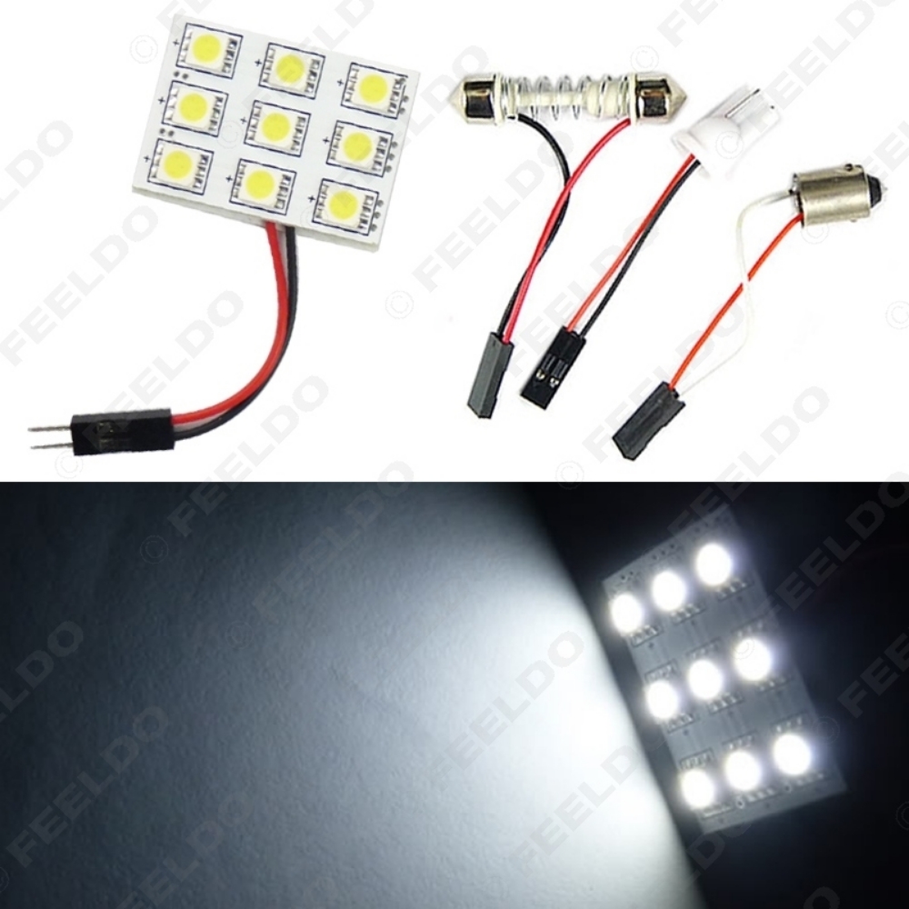 Picture of White 9SMD 5050 3-Chips Car LED Light Dome Panel with T10/BA9S/Festoon Adapters Bulb Lamps