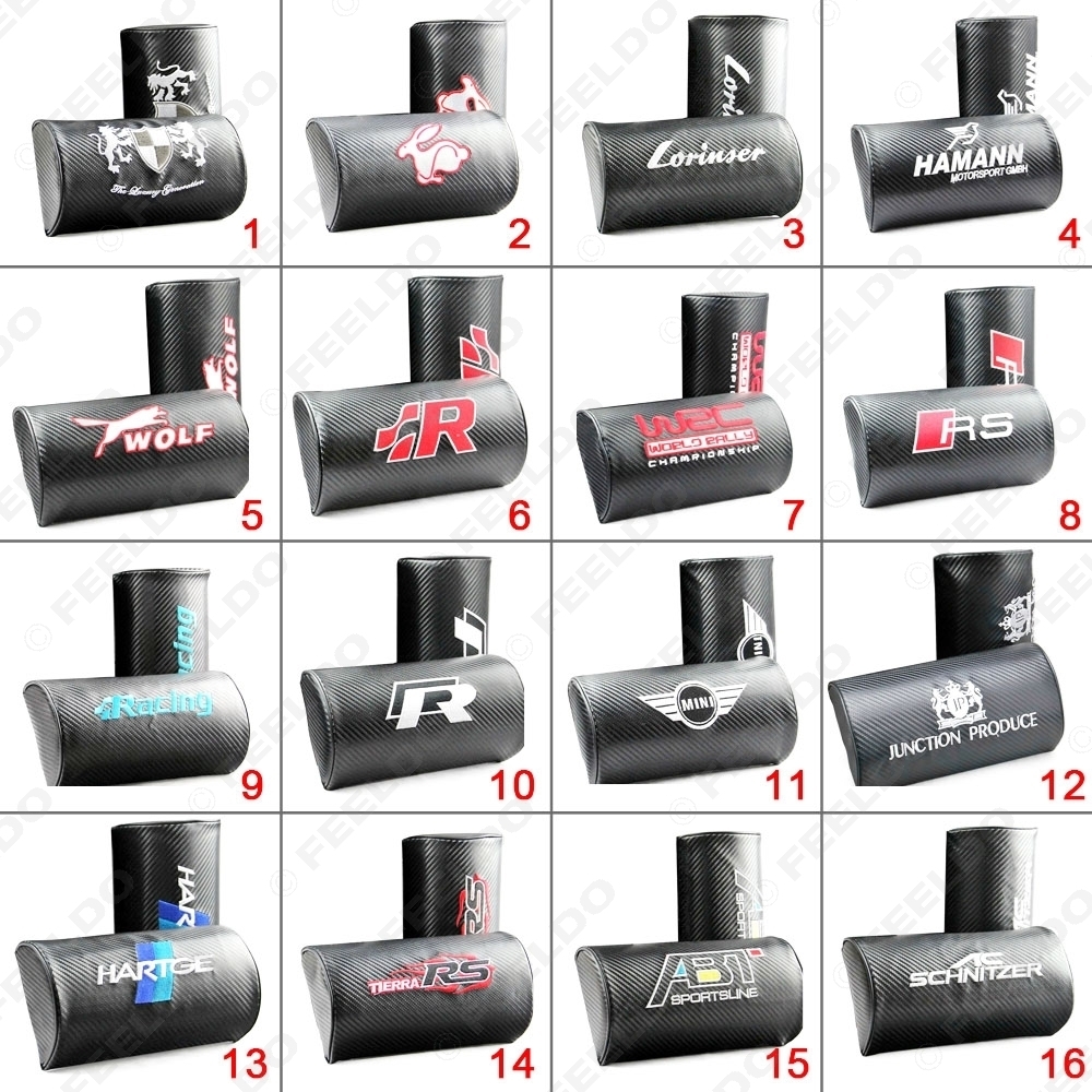 Picture of 30+ Logos Black PU Carbon Fiber Texture Embroidery Car Seat Headrest Neck Cushion Pillows For Mix Order