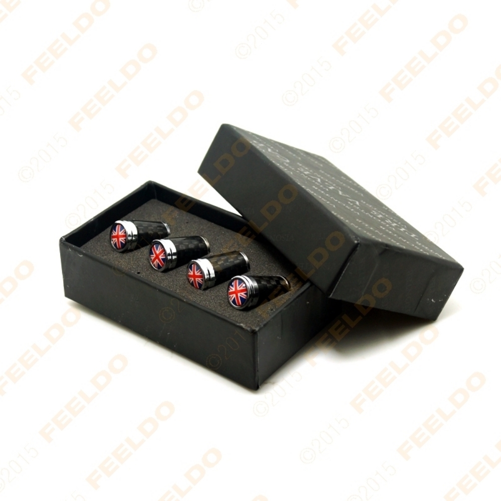 Picture of 4pcs/set Car Universal Carbon Fiber Texture Style Zinc Alloy Tire Valve Cap For Wholesale Mixed Logos Order