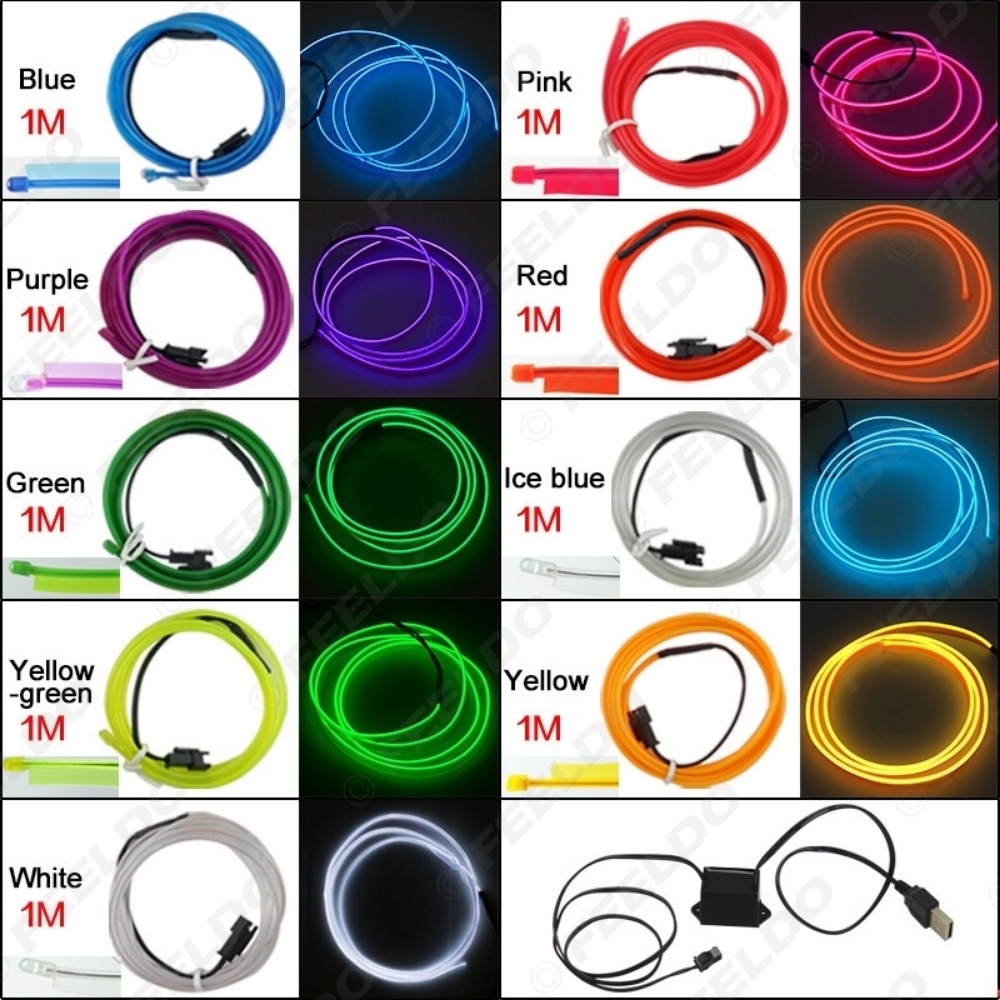 Picture of 9-color 1M Car Flexible Moulding EL Neon Glow Lighting Rope Strip With Fin 12V USB Power Inverter