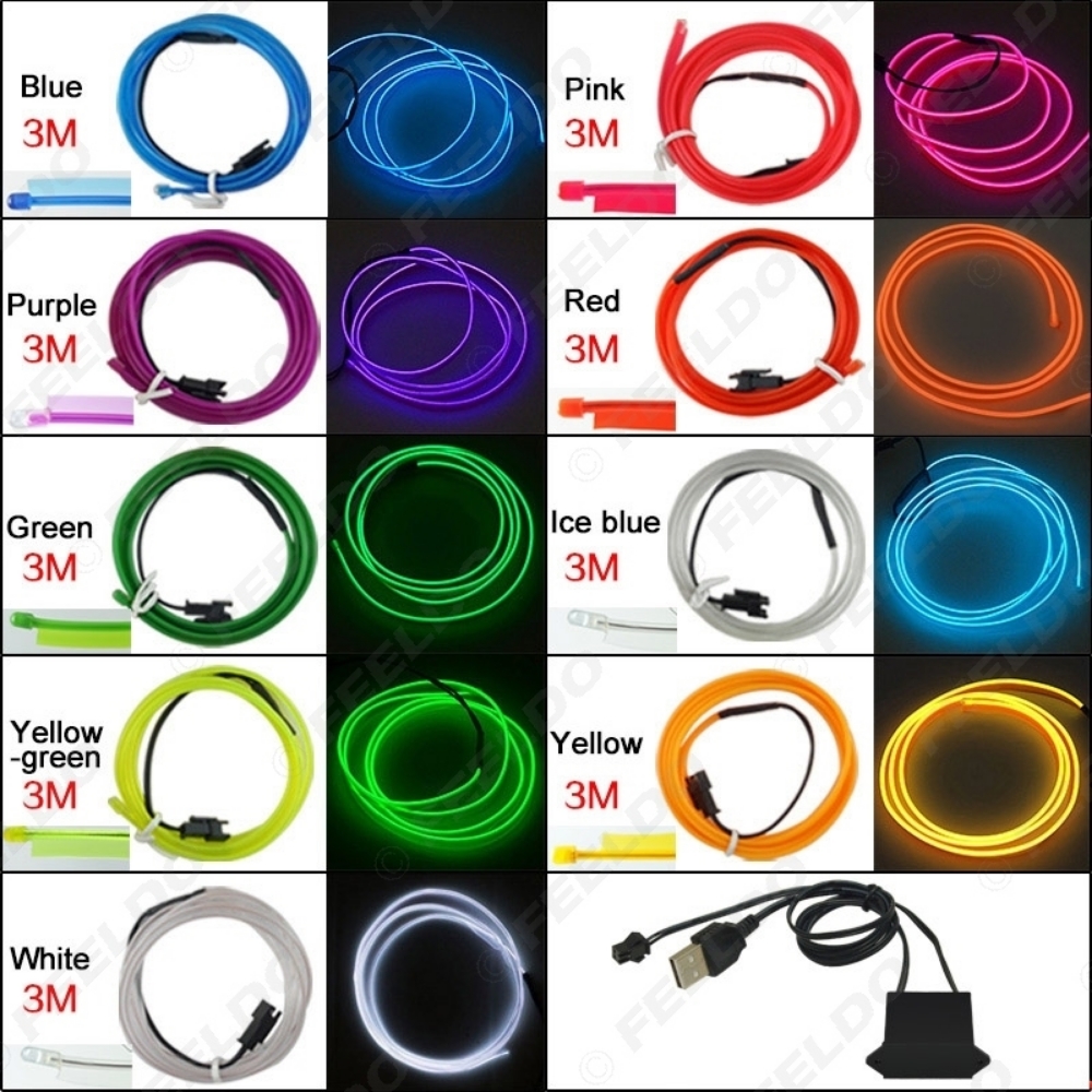 Picture of 12V USB Power Inverter 3M 9-color Car Flexible Moulding EL Neon Glow Lighting Rope Strip With Fin