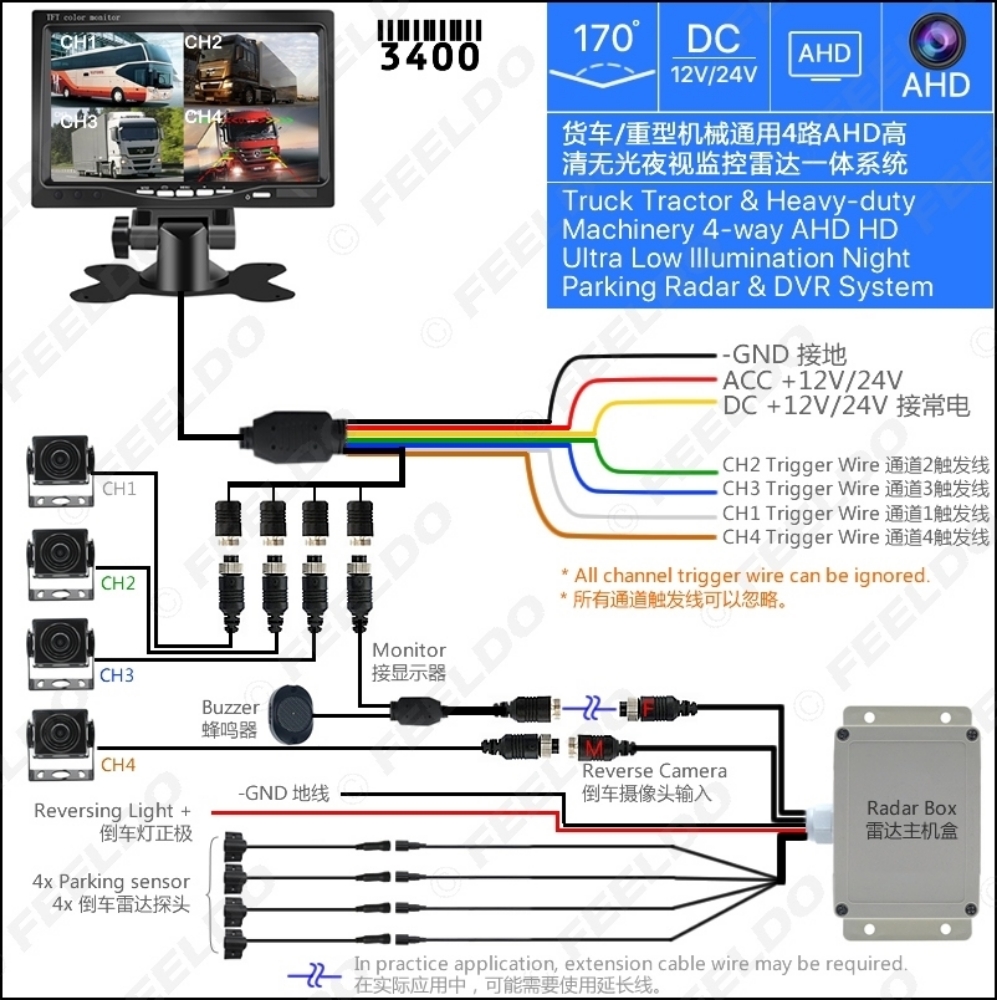Picture of 7inch Truck Tractor Heavy-duty Machinery 4-Way AHD Ultra Low Illumination Night Vision DVR+Parking Radar System