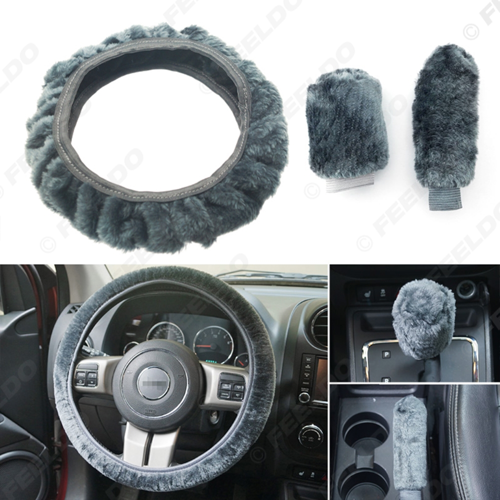 Picture of Car 3pcs Set Winter Soft Plush Gear Shift Cover Hand Brake Grips Cover Steering Wheel Cover